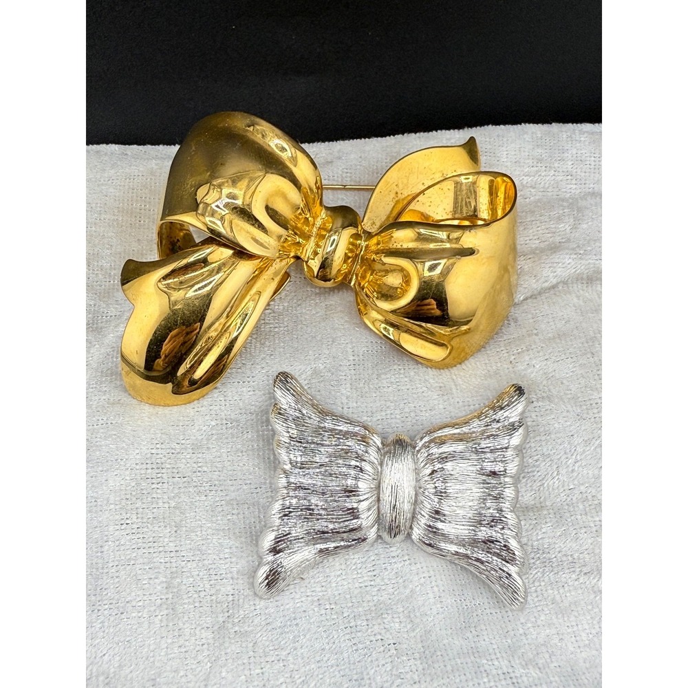 Vintage Monet Bow Brooch Lot Gold‎ Tone Silver Tone Set Signed
